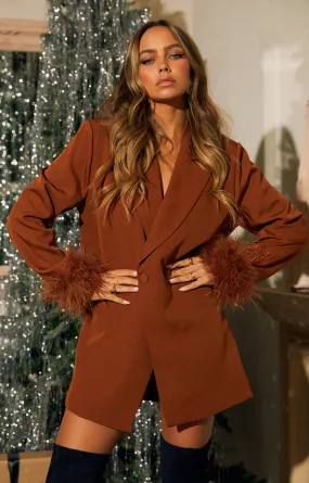 Loren Faux Feather Trim Blazer - Brown