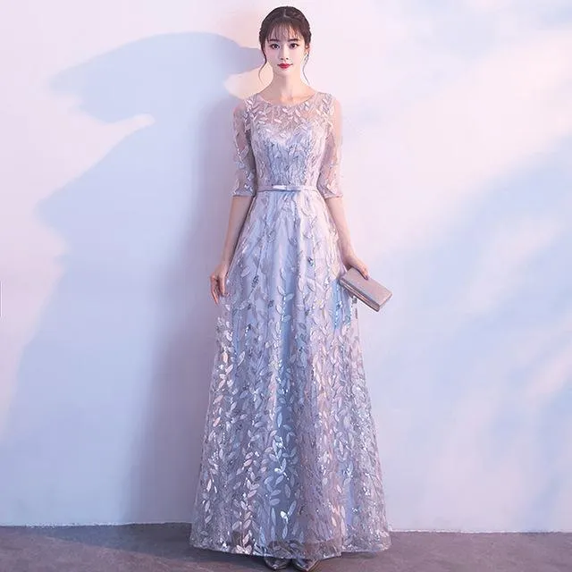 LOVONEY Long Evening Dress 2017 Hot Sale Scoop Neck Half Sleeves Navy Blue Lace Up Formal Evening Dresses Robe De Soiree M212