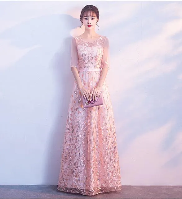 LOVONEY Long Evening Dress 2017 Hot Sale Scoop Neck Half Sleeves Navy Blue Lace Up Formal Evening Dresses Robe De Soiree M212