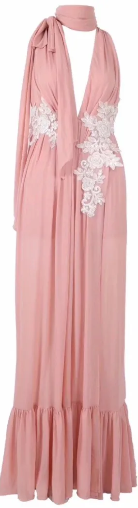 Low-Cut Macrame-Embroidered Halter Gown