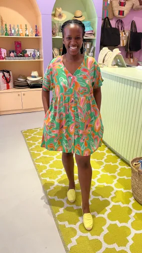 Lulu Button Dress - Green, pink and orange swirl