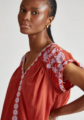Luna V-Neck Embroidered Blouse In Brown