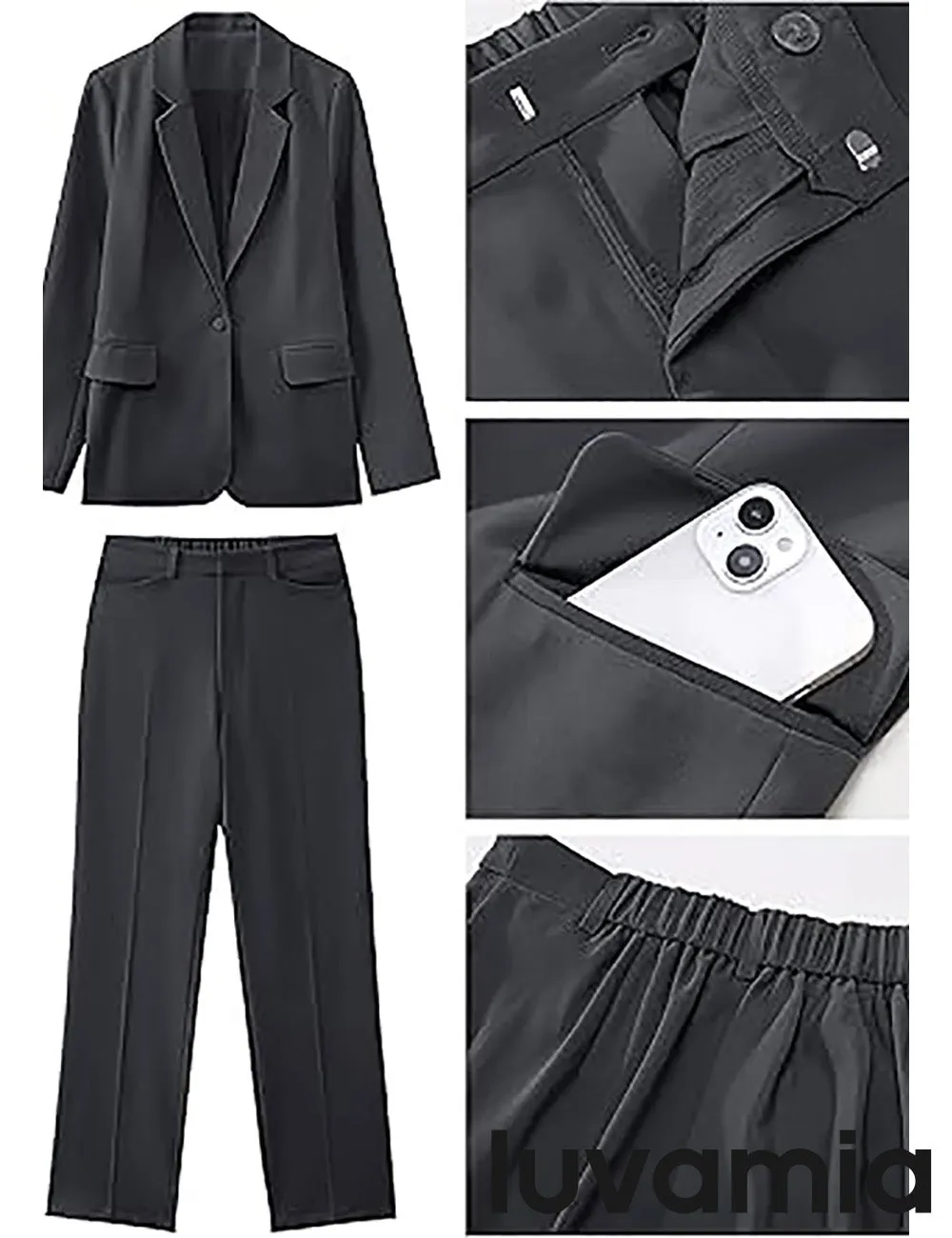 LUVAMIA Women's Blazer Set Business Casual Full Fit Blazer Jackets and Straight Pant Suits with Pockets