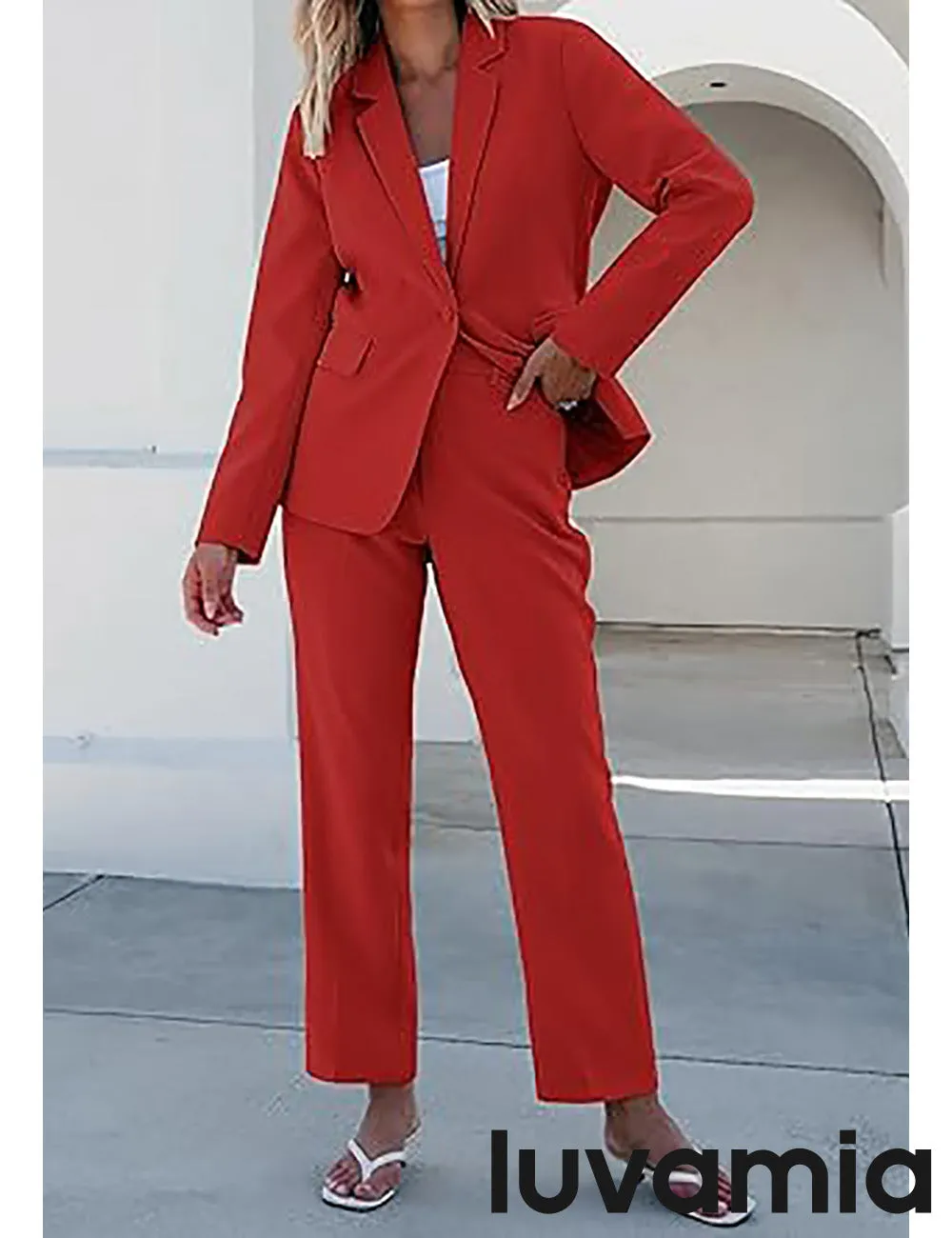 LUVAMIA Women's Blazer Set Business Casual Full Fit Blazer Jackets and Straight Pant Suits with Pockets