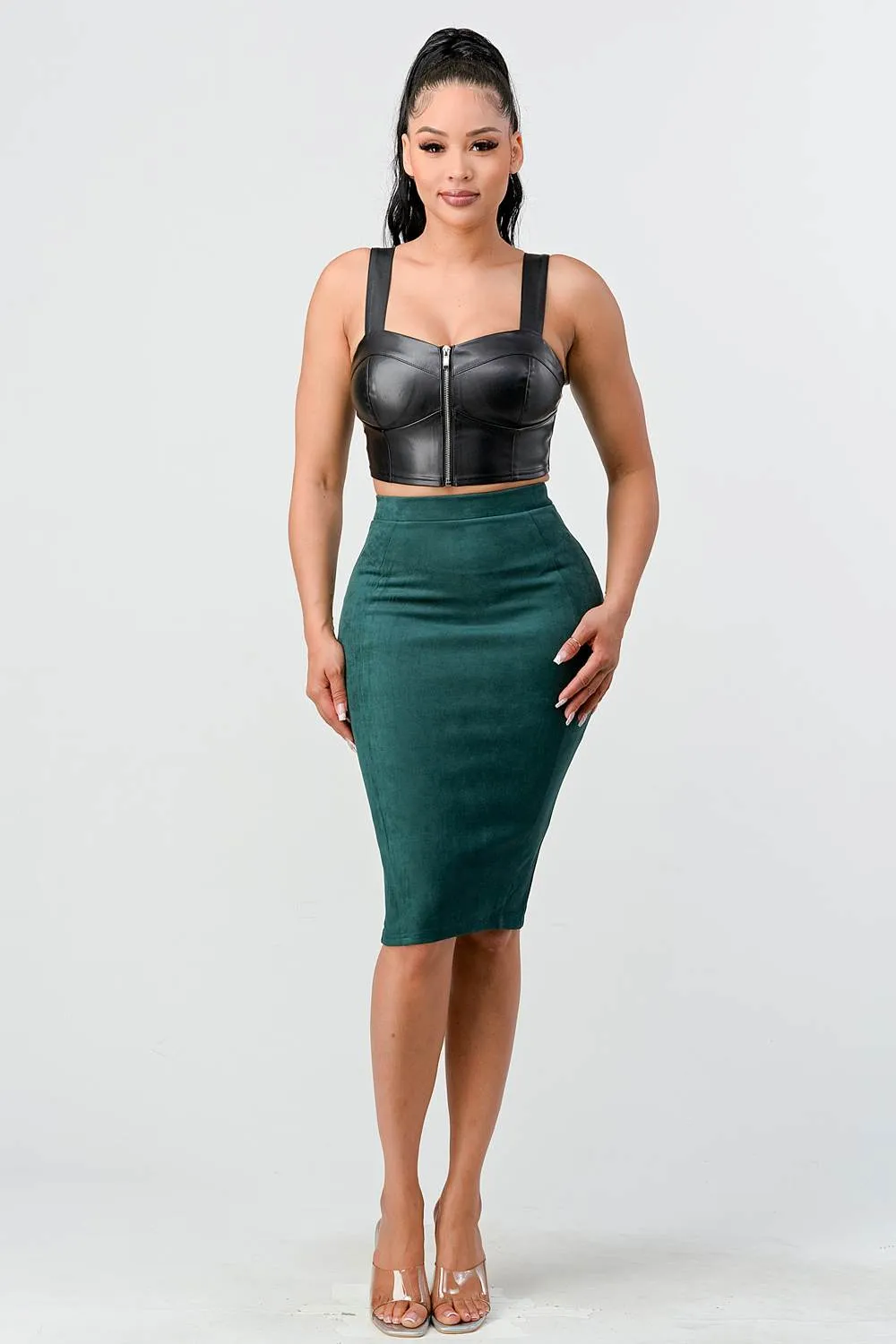 LUX FAUX LEATHER PU ZIPUP CROPPED TOP