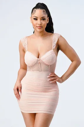 LUX LACE FLUTTER SLEEVES MESH CONTRAST DRESS