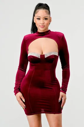 LUX VELVET RHINESTONE SWEETHEART CUTOUT MINI DRESS
