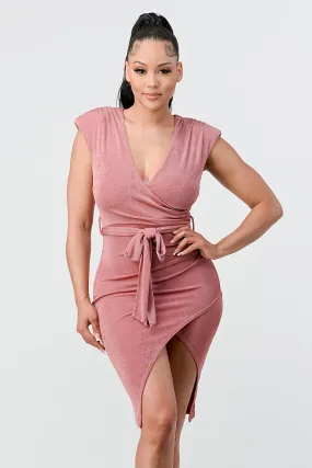 LUX WAIST TIE V-NECK ASYMMETRICAL HEM DRESS