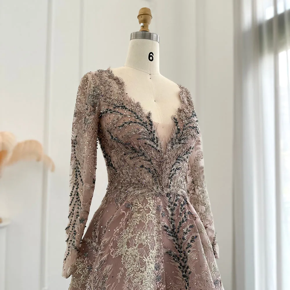 Luxury Crystal Long Sleeves V-Neck Evening Dresses SS050