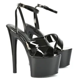 Lylie Cross Over Strappy Platform Shoes Stiletto High Heel Sandals in Black Patent