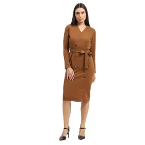 Madame Belted Buttoned Brown Dress