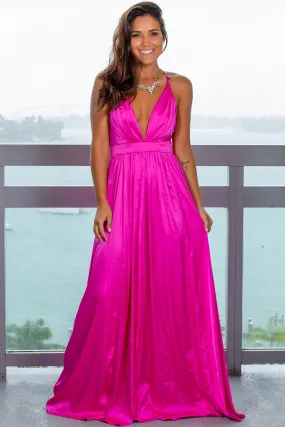 Magenta Satin Pleated Maxi Dress