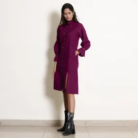 Magenta Warm Cotton Button-Down Knee Length Dress