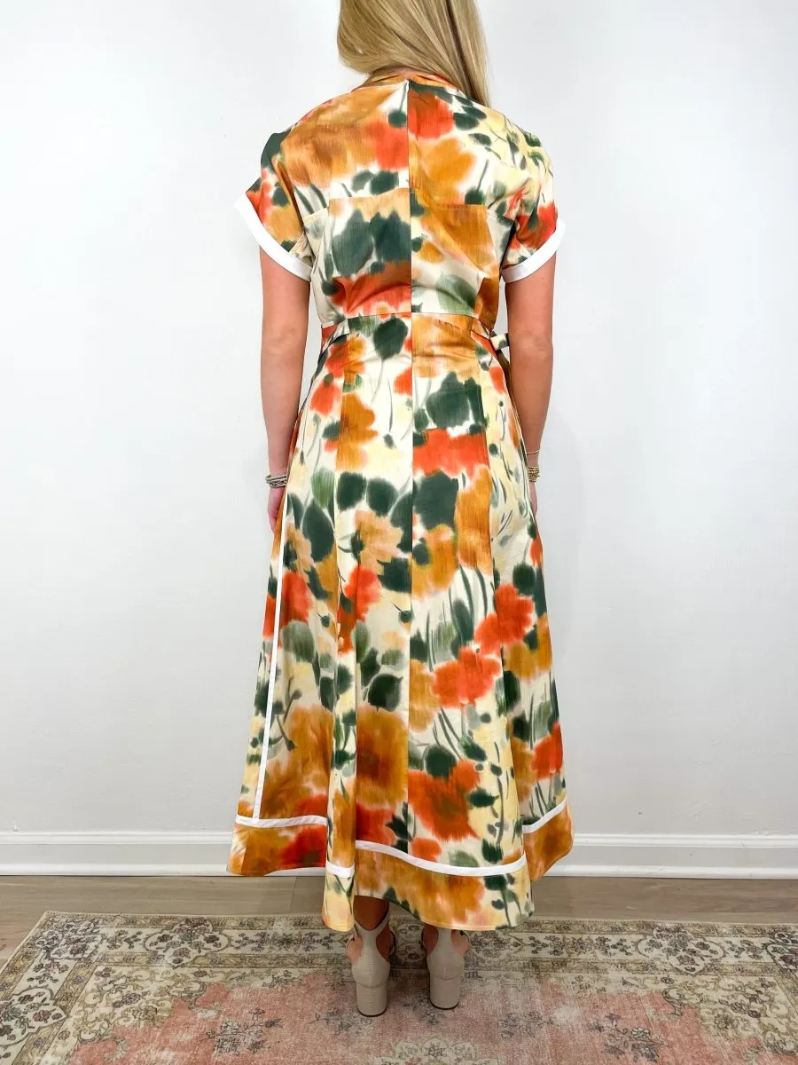Marigold SS Dress w/Asymmetrical Panel Skirt in Marigold Multi