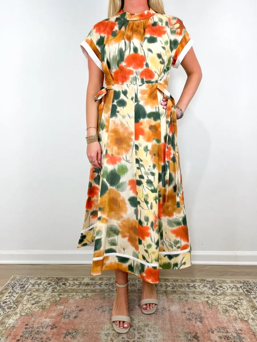 Marigold SS Dress w/Asymmetrical Panel Skirt in Marigold Multi