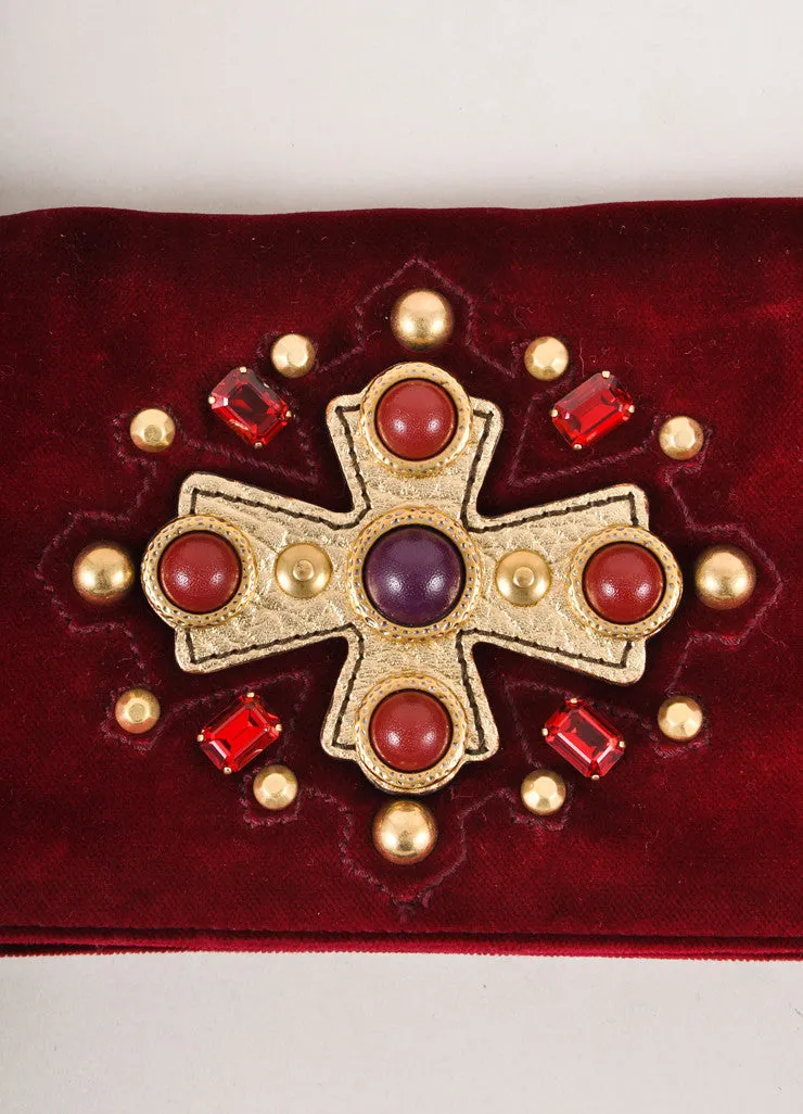 Maroon and Gold Embellished Velvet Clutch With Shoulder Strap