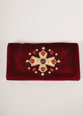Maroon and Gold Embellished Velvet Clutch With Shoulder Strap