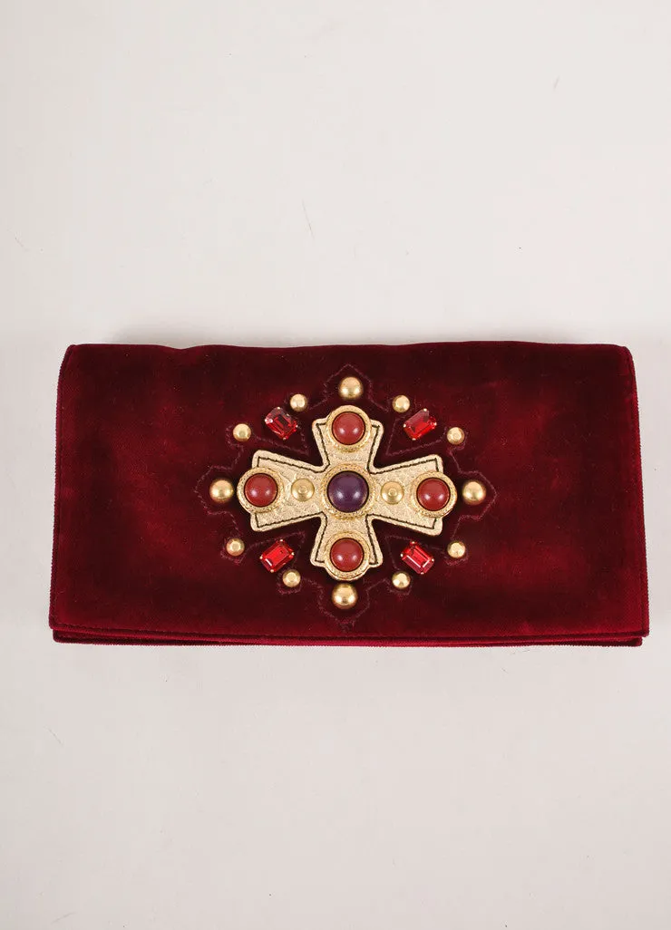 Maroon and Gold Embellished Velvet Clutch With Shoulder Strap