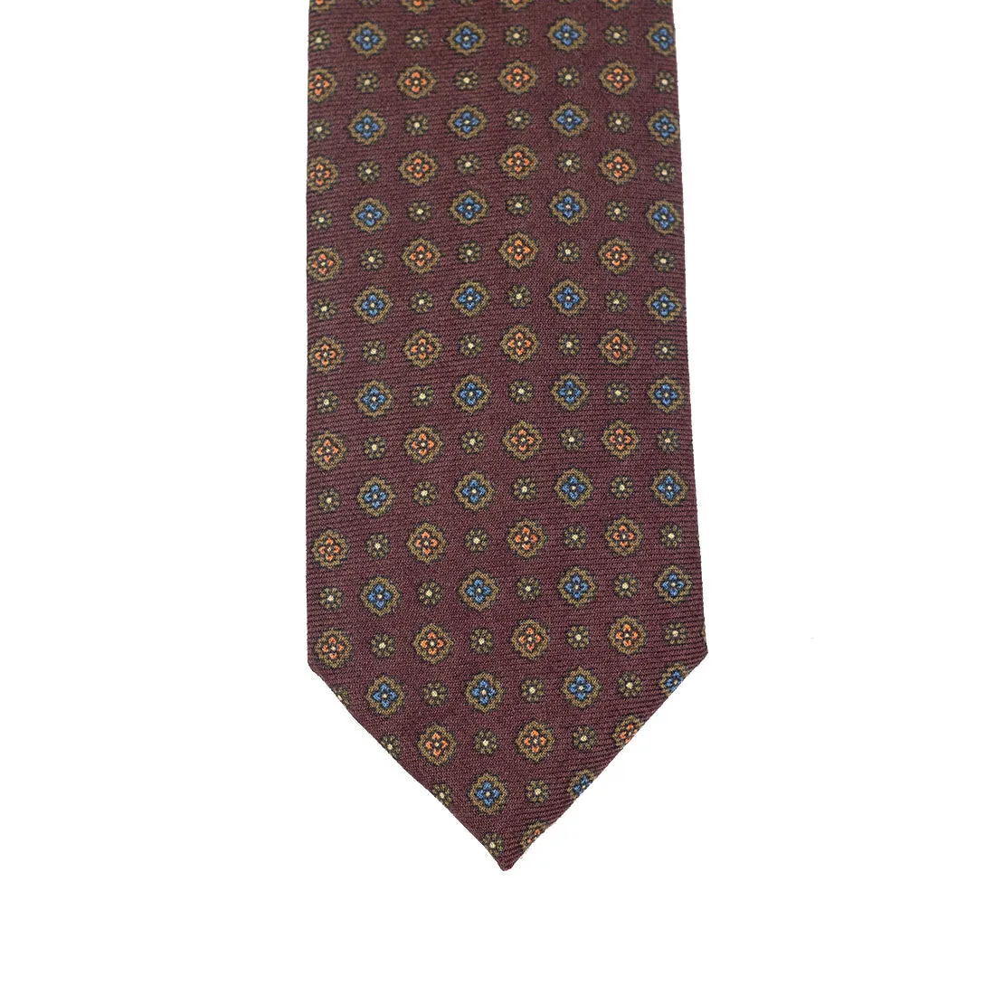 Maroon wool challis tie, blue & orange neat print
