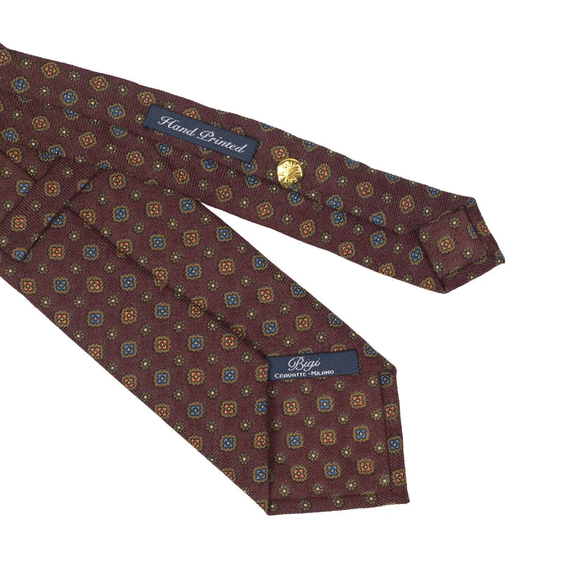 Maroon wool challis tie, blue & orange neat print