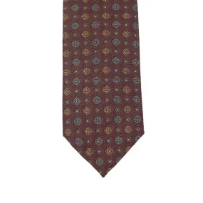 Maroon wool challis tie, blue & orange neat print