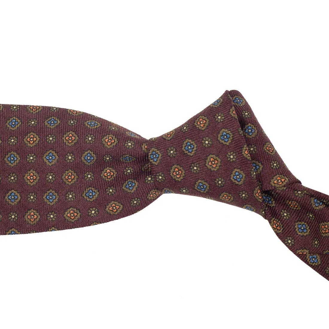 Maroon wool challis tie, blue & orange neat print