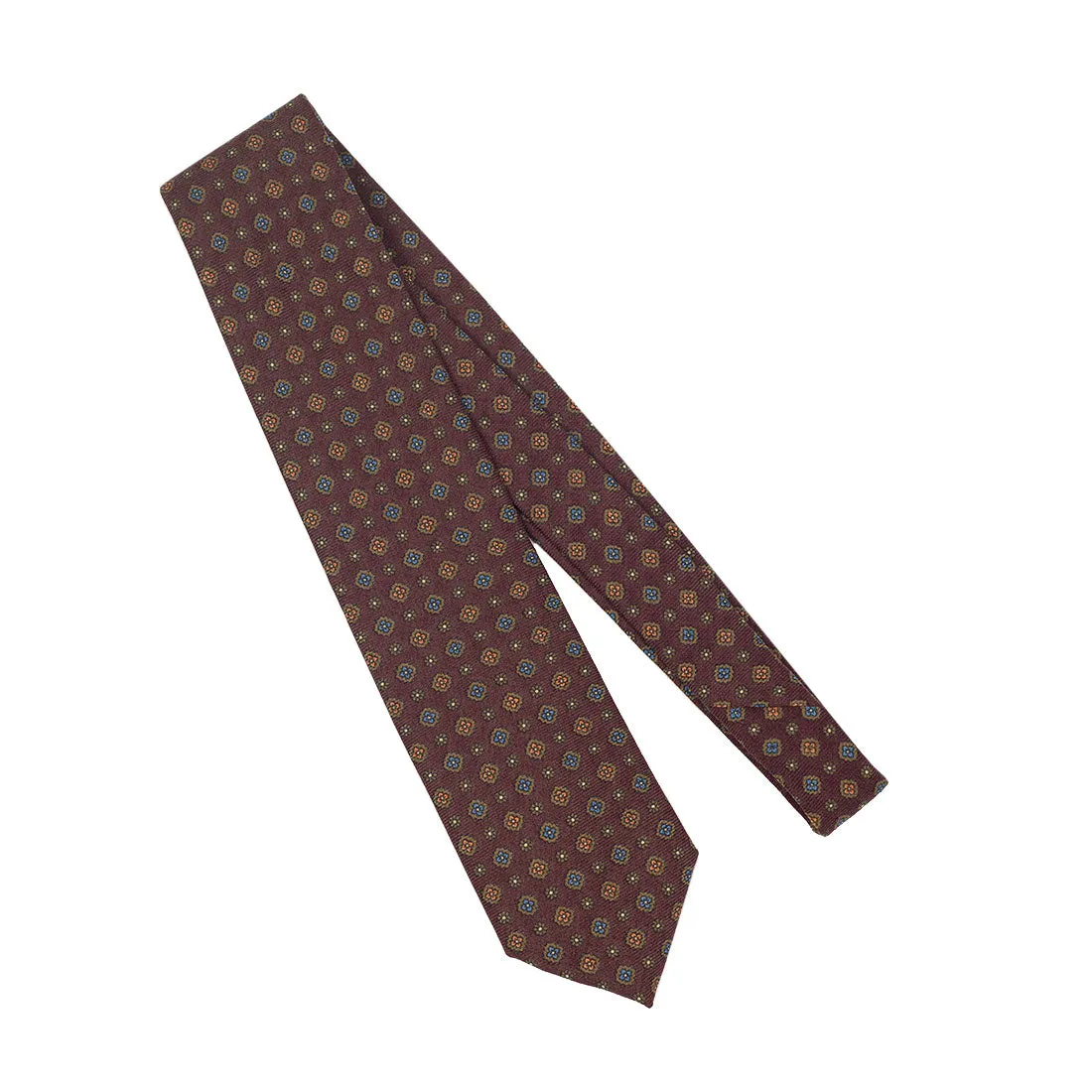 Maroon wool challis tie, blue & orange neat print
