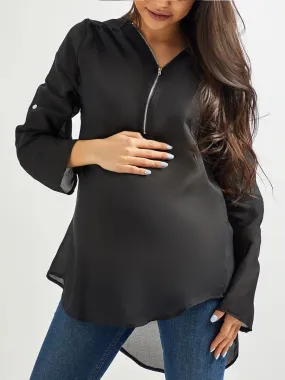 Maternity V Neck Zipper Patchwork Plain Blouses