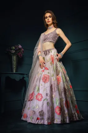 Mauve embroidered top with floral embroidered skirt