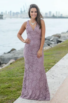 Mauve Lace Maxi Dress with Open Back