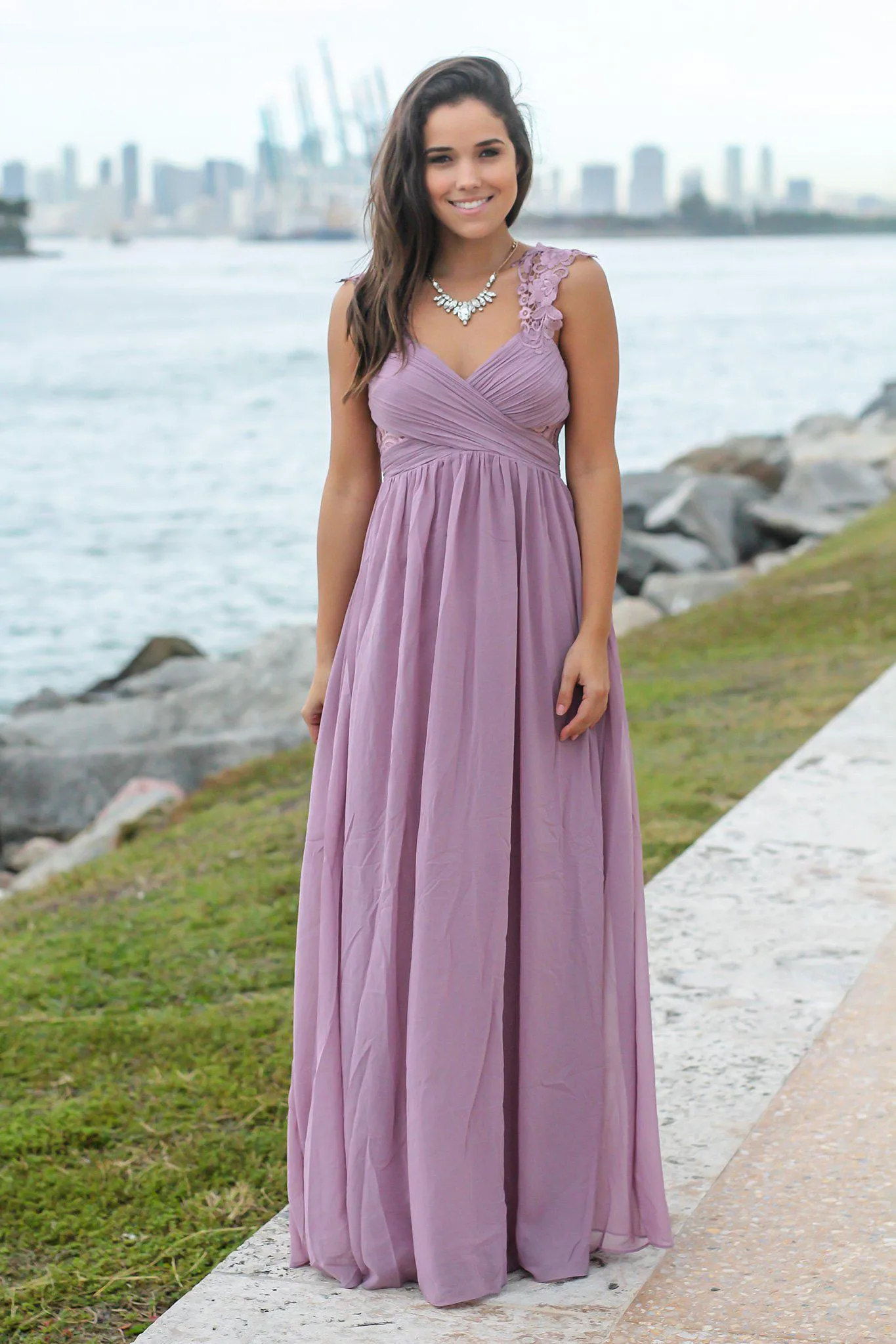 Mauve Maxi Dress with Pleated Top and Crochet Detail