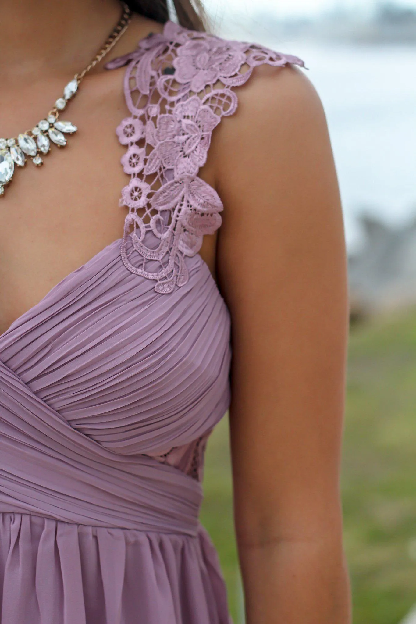Mauve Maxi Dress with Pleated Top and Crochet Detail