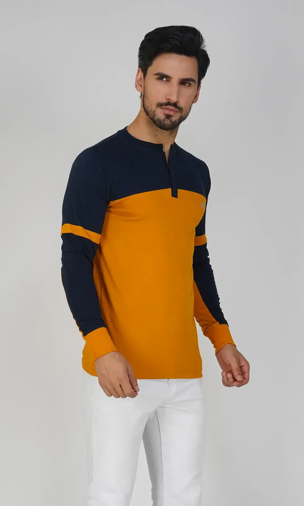 Mebadass Cotton Men's Fullsleeve Regular Casual T-shirt - Mustard & Navy