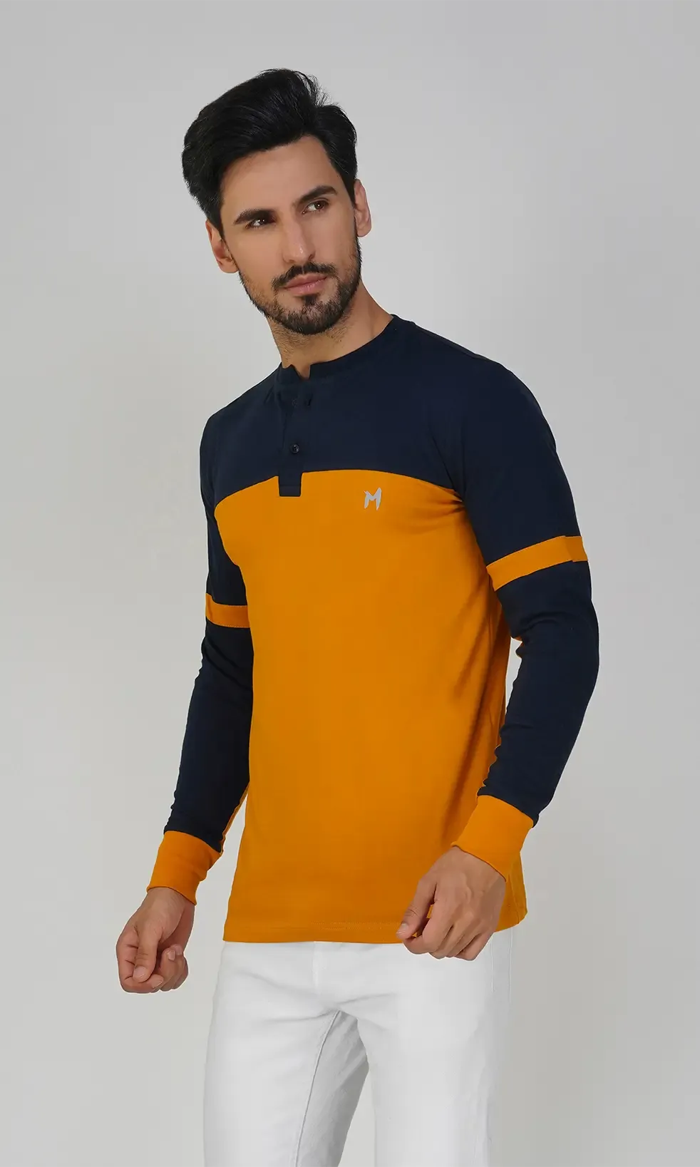 Mebadass Cotton Men's Fullsleeve Regular Casual T-shirt - Mustard & Navy