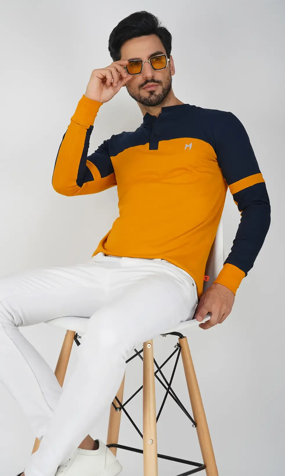Mebadass Cotton Men's Fullsleeve Regular Casual T-shirt - Mustard & Navy