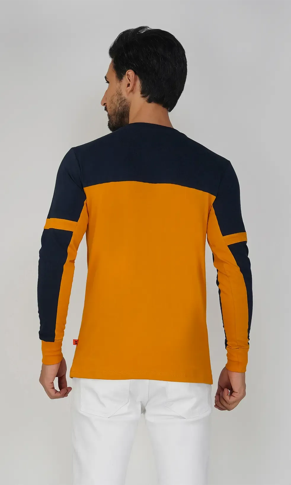 Mebadass Cotton Men's Fullsleeve Regular Casual T-shirt - Mustard & Navy