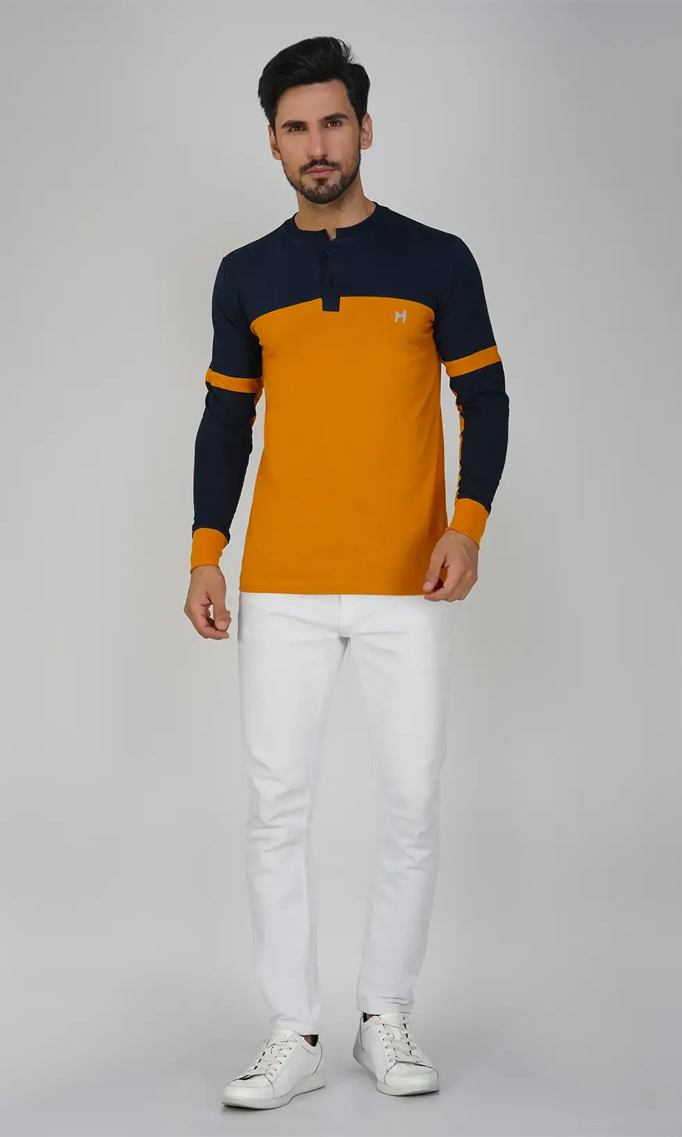 Mebadass Cotton Men's Fullsleeve Regular Casual T-shirt - Mustard & Navy
