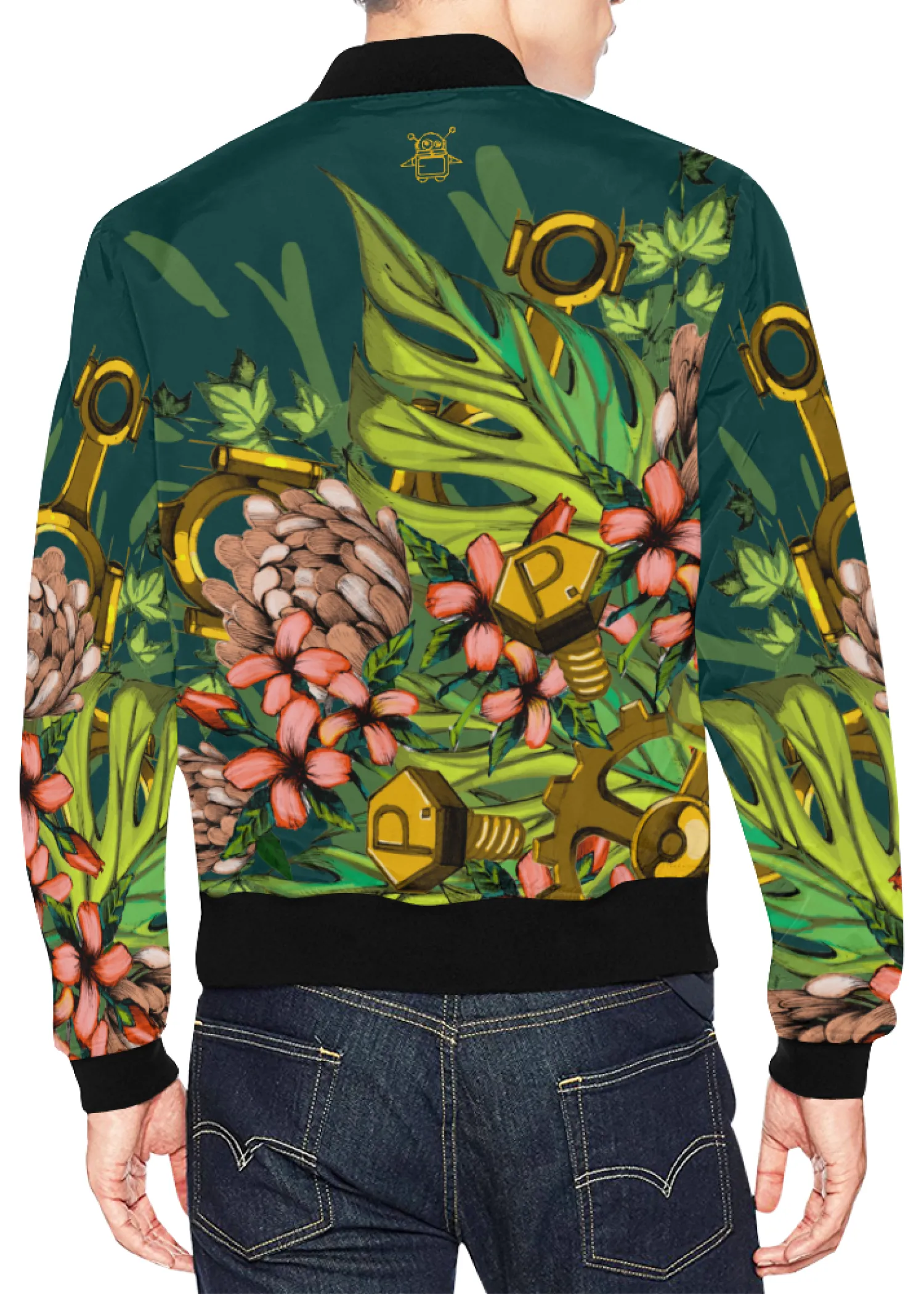Mech Florale Burst Print Unisex Bomber Jacket