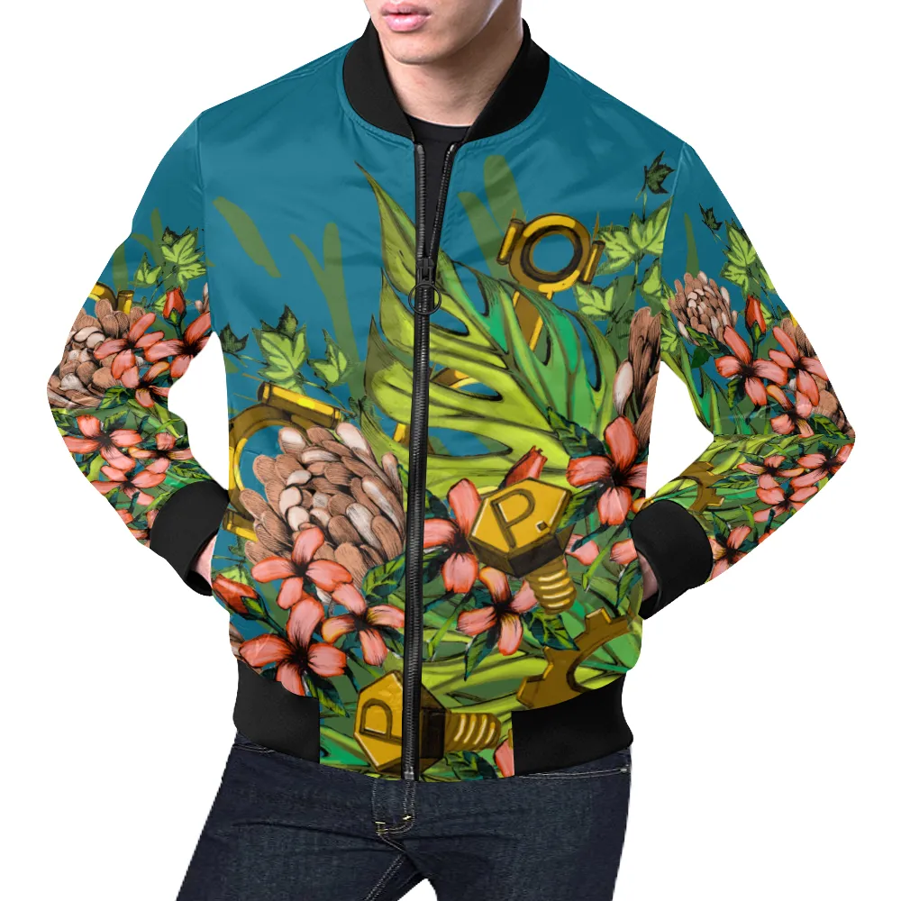 Mech Florale Burst Print Unisex Bomber Jacket