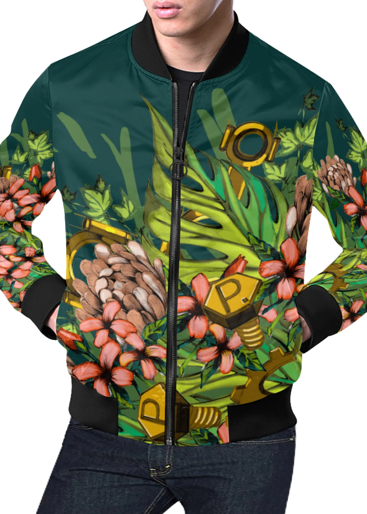 Mech Florale Burst Print Unisex Bomber Jacket