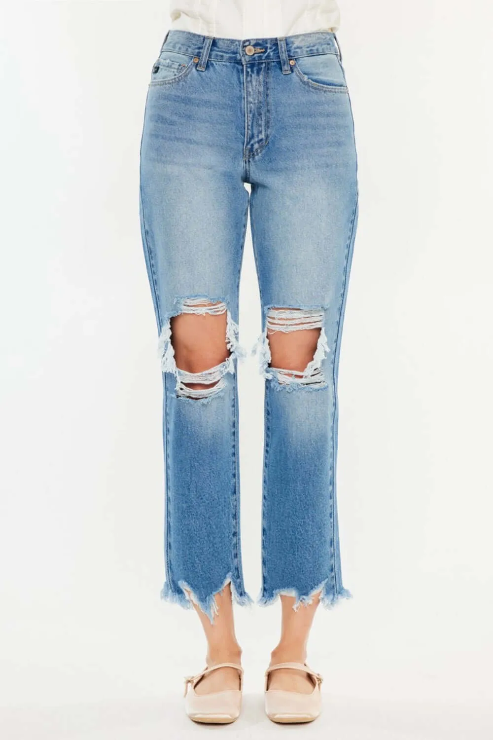 Medium Blue Distressed Frayed Hem Cropped Jeans