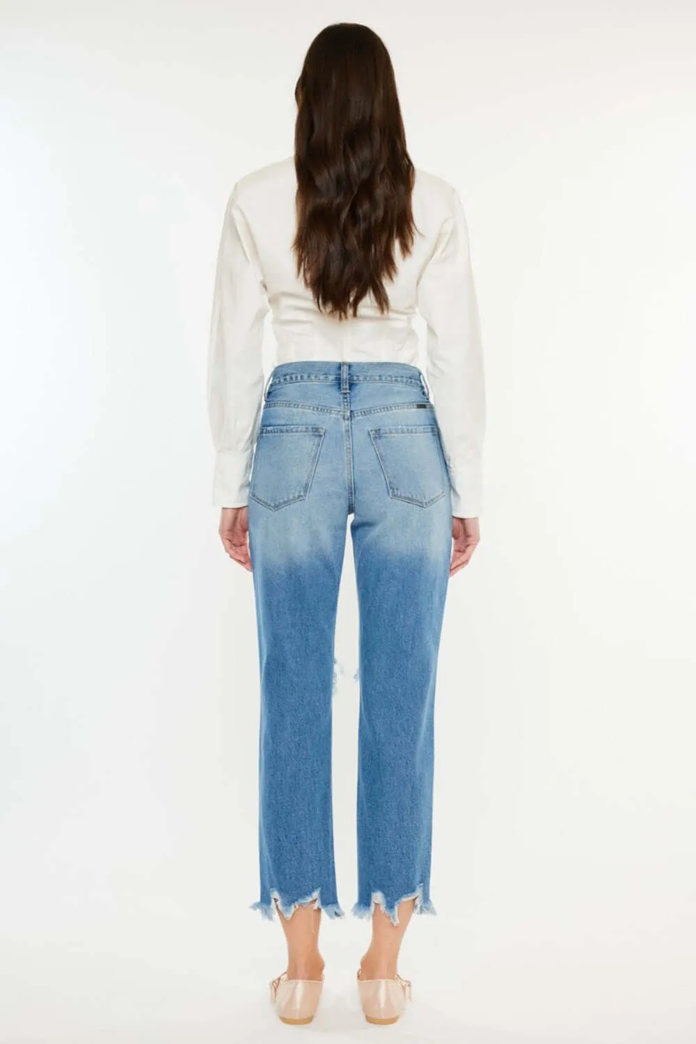 Medium Blue Distressed Frayed Hem Cropped Jeans