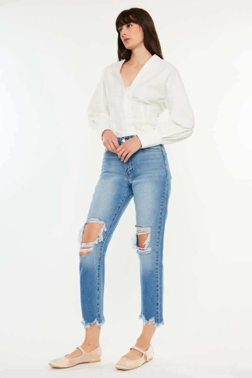 Medium Blue Distressed Frayed Hem Cropped Jeans