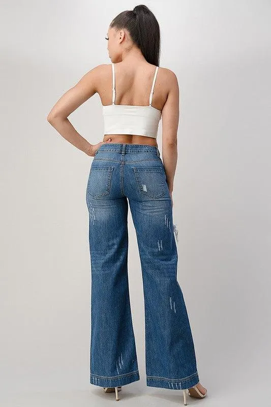 Medium Blue Distressed Wide Leg Boyfriend Jeans