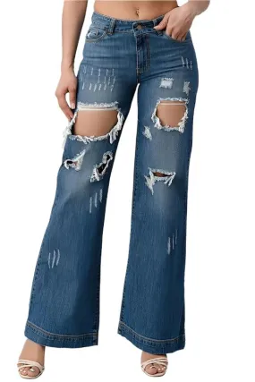 Medium Blue Distressed Wide Leg Boyfriend Jeans