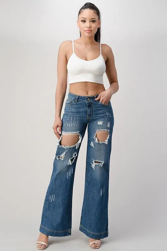 Medium Blue Distressed Wide Leg Boyfriend Jeans