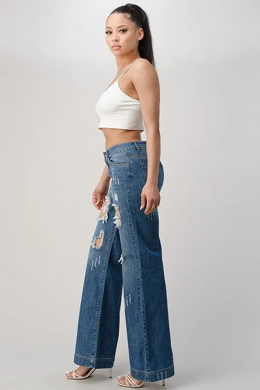 Medium Blue Distressed Wide Leg Boyfriend Jeans