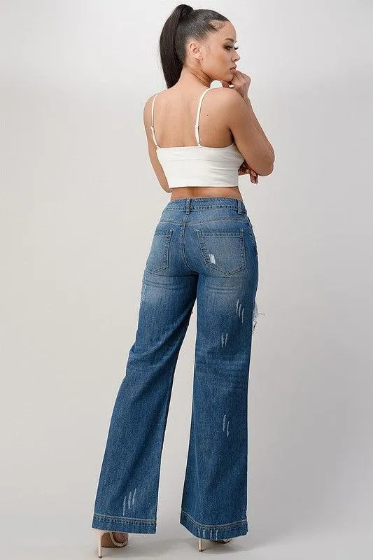 Medium Blue Distressed Wide Leg Boyfriend Jeans