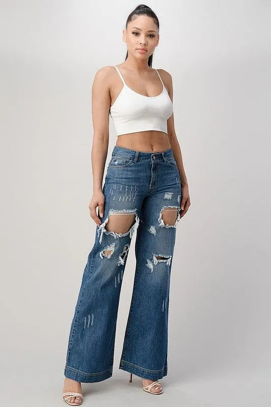Medium Blue Distressed Wide Leg Boyfriend Jeans