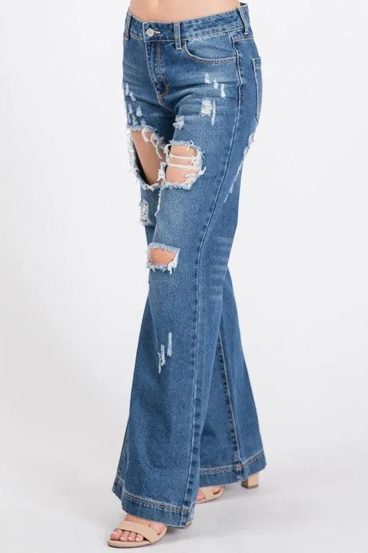 Medium Blue Distressed Wide Leg Boyfriend Jeans